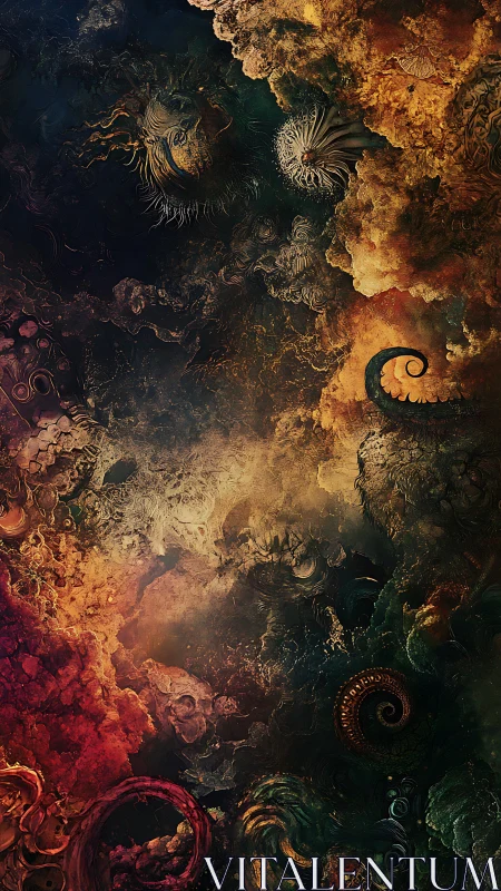 Abstract fractal forms within swirling multicolor clouds.