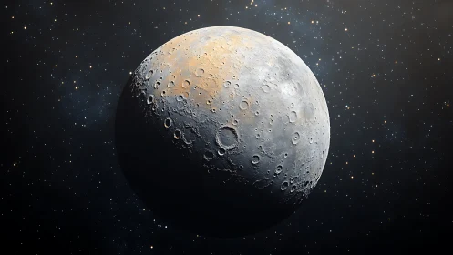 Photorealistic lunar sphere with cratered relief and starfield backdrop.