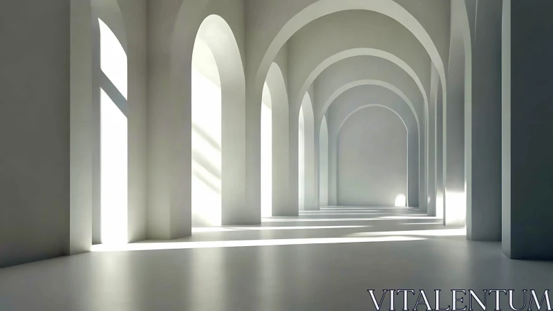 Sunlit minimalist arches in an endless white corridor.