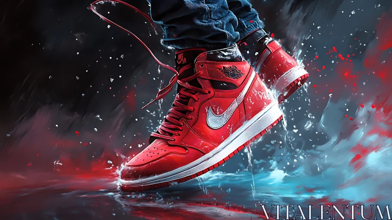 Red high-top sneakers in motion with water and paint effects.