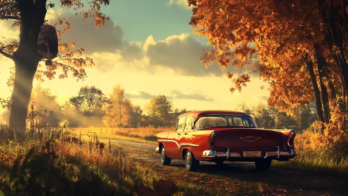 Vintage red sedan illuminated by cinematic autumn backlight