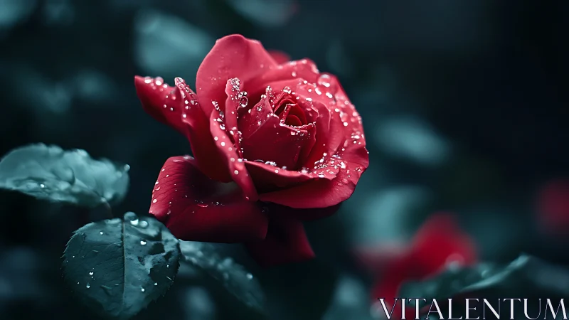 Crimson bloom glistens with dewdrops in moody twilight.