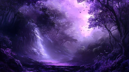 Enchanted violet forest valley with luminous waterfall.