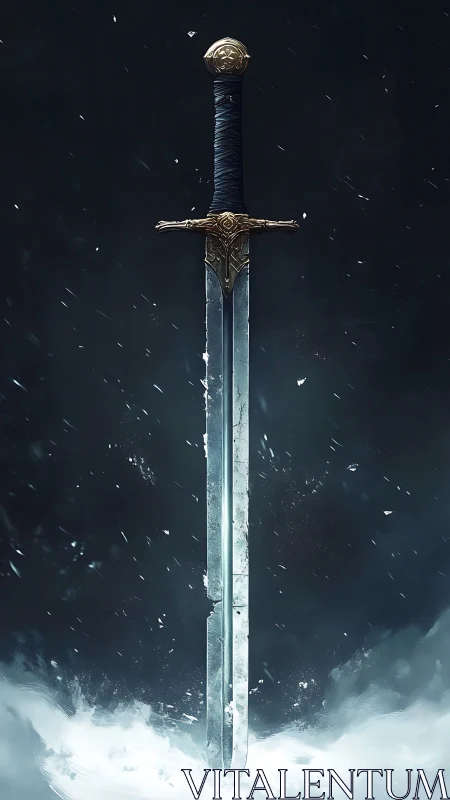 Bifurcated frost greatsword in suspended atmospheric drift.