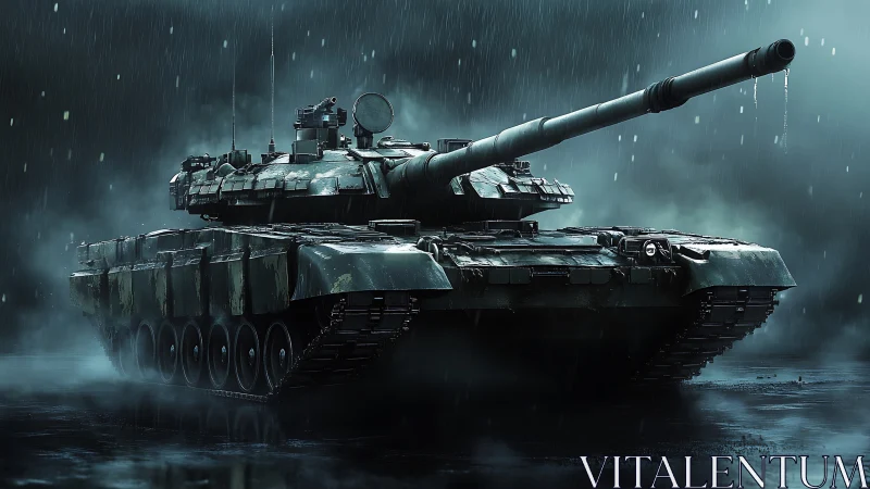 Modern main battle tank in rainy night combat setting.