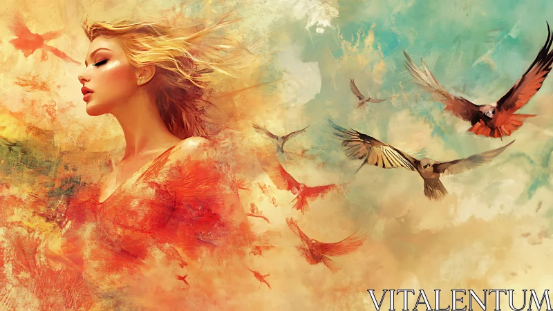 Warm-hearted dreamer dissolving into free-flying birds.