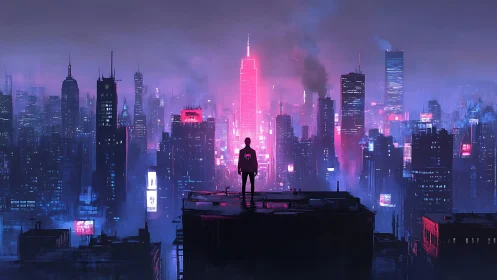 Silhouetted figure overlooking neon magenta cyberpunk skyline.