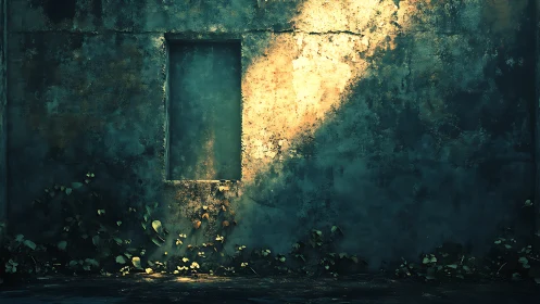 Weathered concrete wall with blocked window and foliage.