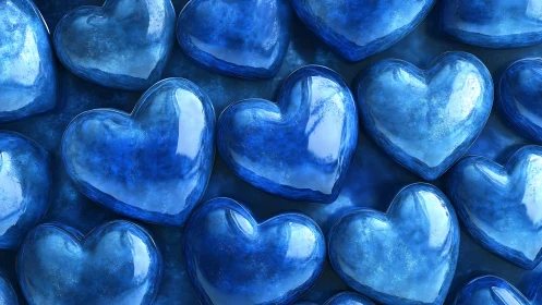 Blue glass hearts arranged in close composition.