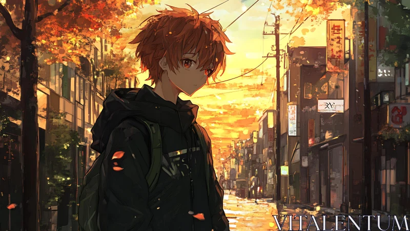 Soft sunset stroll with a quiet boy beneath autumn lights