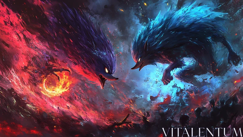 Elemental wolf spirits clash in a cosmic inferno of power.