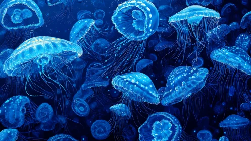 Luminous blue jellyfish swarm drift through dark ocean depths