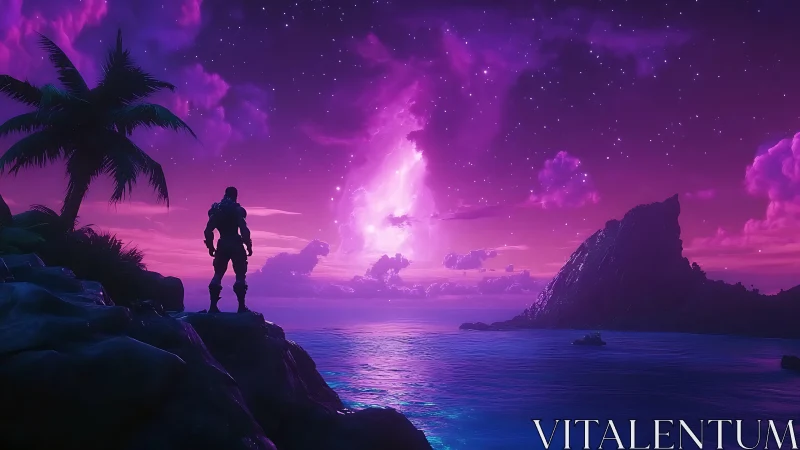 Armored Figure Stands on Rocky Outcrop at Cosmic Dusk.