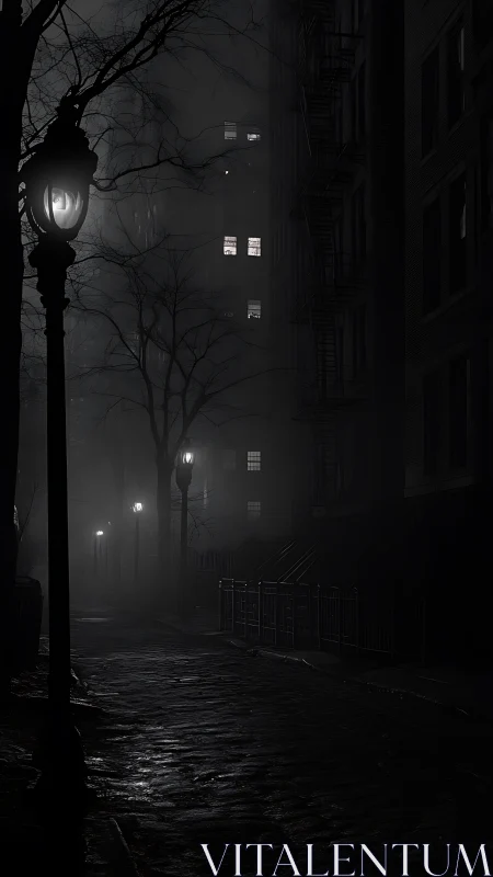 Dark foggy city street with wet cobblestones at night.