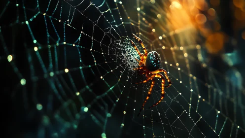 Iridescent spider rests on dew covered web in low light