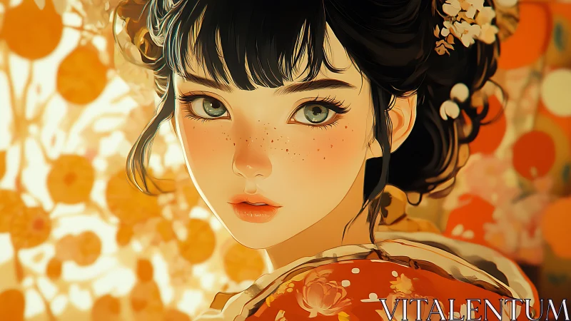 Chromatic portrait of freckled girl in floral kimono glow.