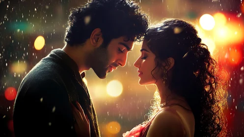 Cinematic rain-lit couple portrait with volumetric bokeh and warm backlighting