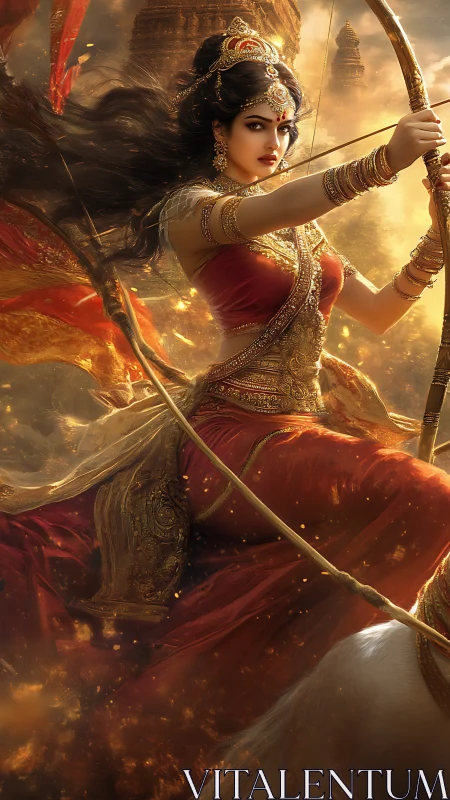 Warrior goddess draws a bow amid glowing battle smoke
