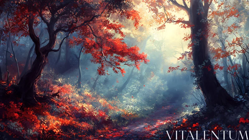 Volumetric forest landscape with autumn foliage, backlighting, and atmospheric light diffusion