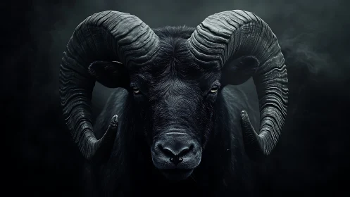 Dark horned ram portrait in dramatic low key lighting.