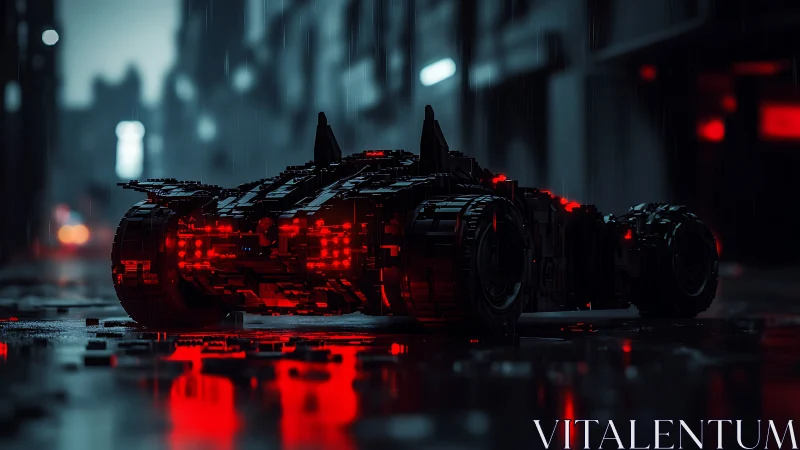 Lego-style cyberpunk pursuit vehicle in neon red rain-soaked alley