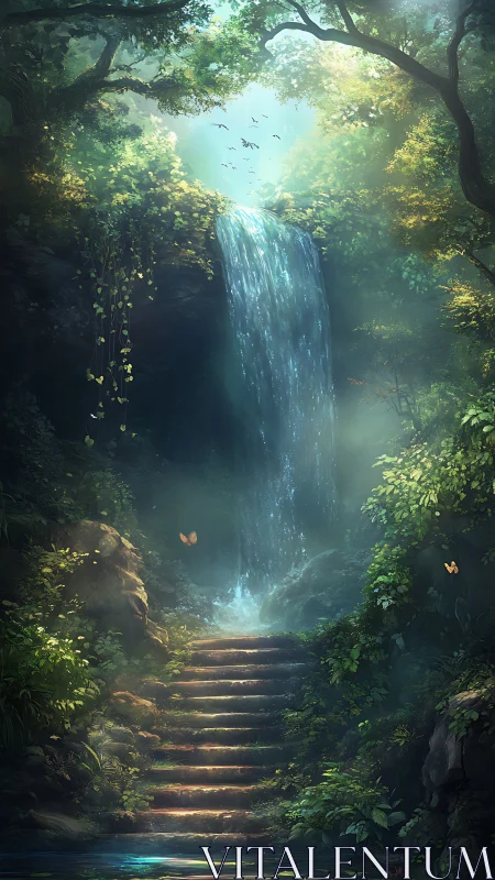 Hidden forest waterfall descends above mosslit stone steps.