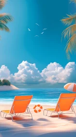 Tropical Beach Sanctuary with Orange Loungers.