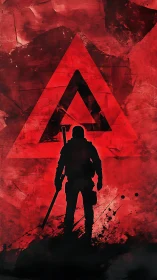 Lone futuristic soldier stands before a blazing red sigil