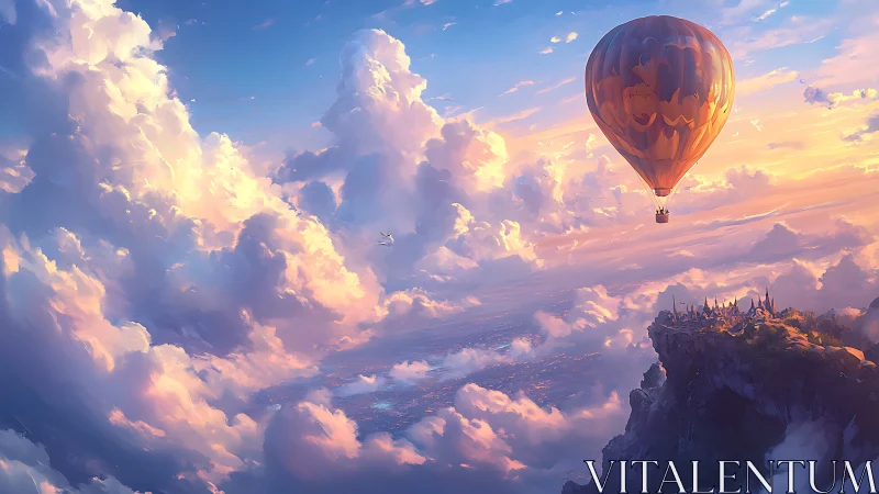 Hot air balloon drifts above sunlit cloud kingdom.