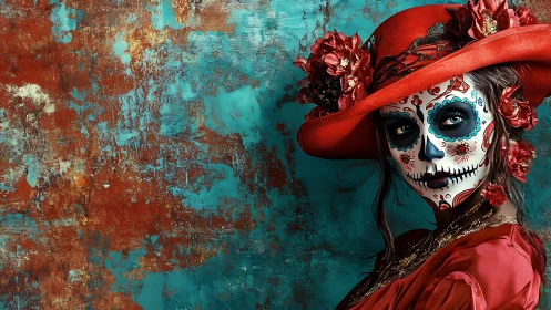 Crimson calavera muse beneath turquoise-rusted skies.