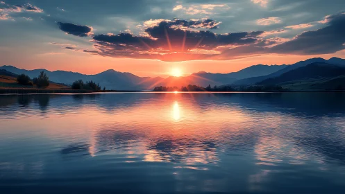 Sunset orchestra over glassy lake and whispering hills.