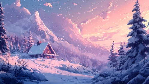 Digital painting of alpine cabin in luminous winter dusk landscape.