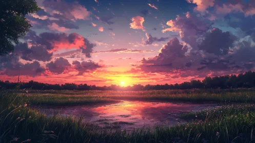 Sunset stitches cotton candy clouds above glassy meadow pond