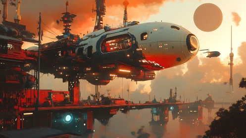 Massive futuristic starship docked in glowing sunset port.