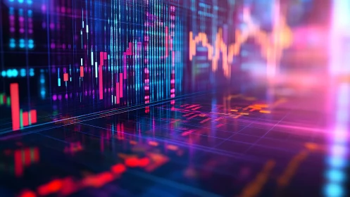 Neon financial trading dashboard with glowing stock data.