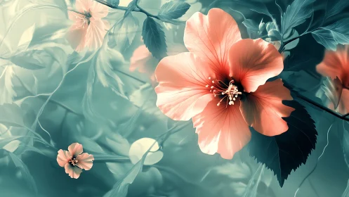 Coral Blooms Drift Through Teal Reverie.