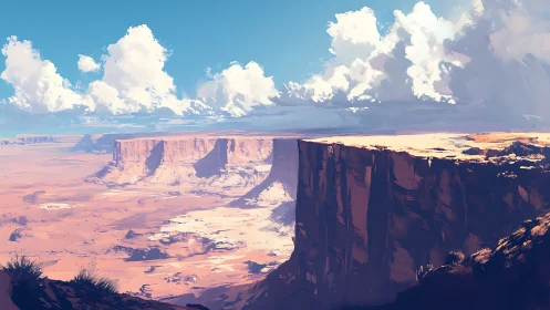 Sunlit canyon mesas converse with roaming sky giants.