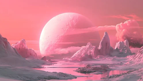 Pink alien ice landscape under massive rising planet.