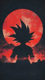 Silhouetted warrior against distressed red lunar backdrop.