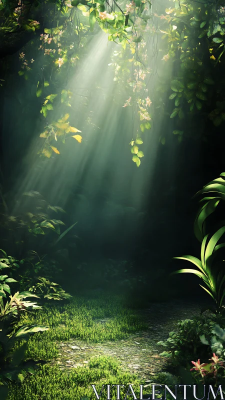 Sunlit jungle clearing with dappled moss path below canopy.