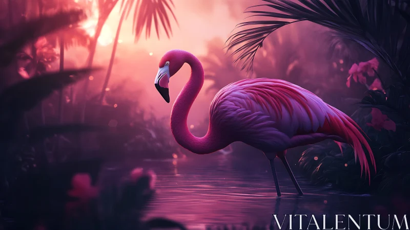 Neon pink flamingo reflects in misty tropical lagoon at dusk