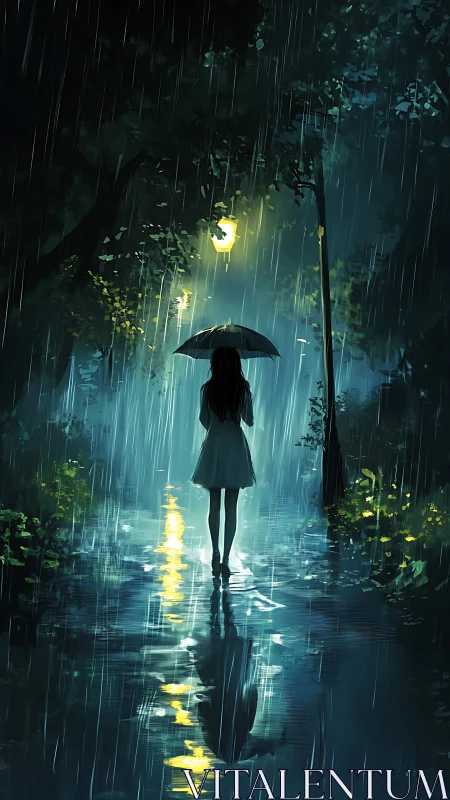 Quiet umbrella walk beneath a rainy midnight streetlamp.