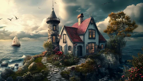 Coastal Lighthouse Cottage on Rocky Cliff with Tower