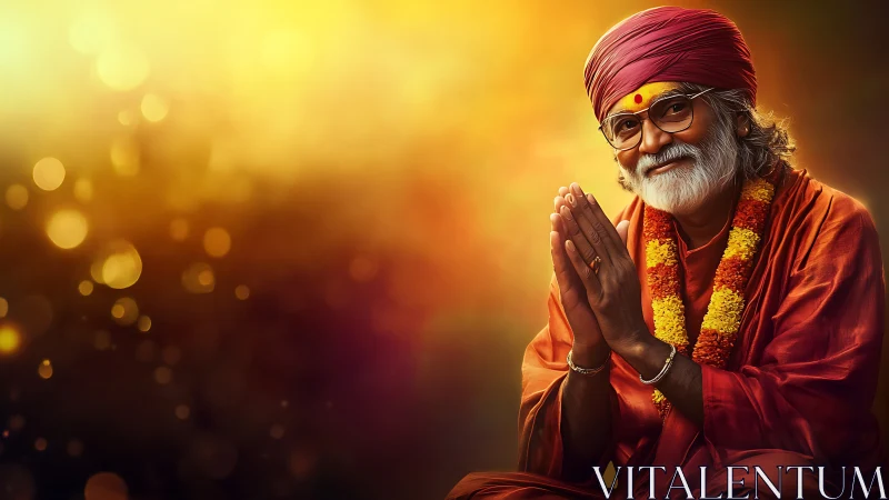 Smiling Hindu elder in saffron robes under golden light.