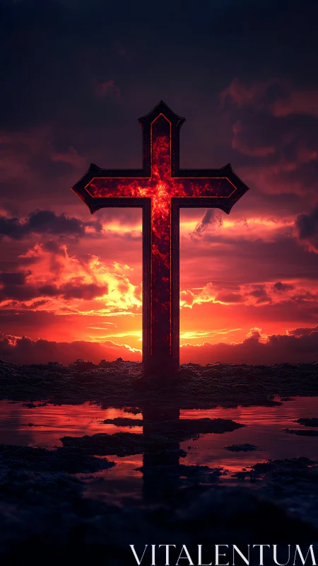 Molten crucifix rises like a burning pillar at twilight