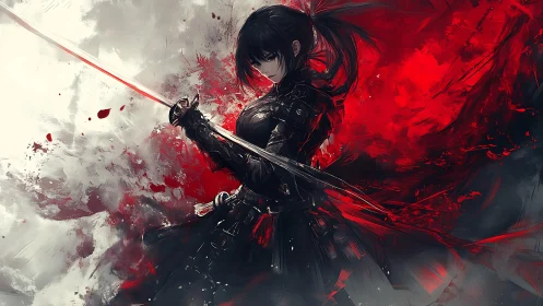Dark armored swordswoman amid red and gray energy field.