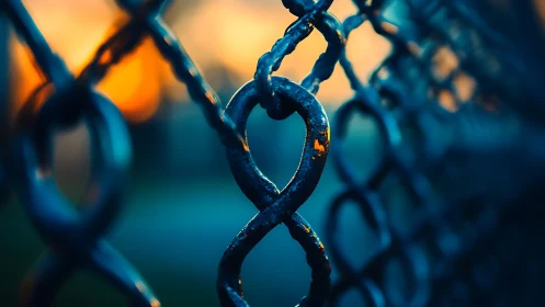 Oxidized blue chain links with warm golden background bokeh