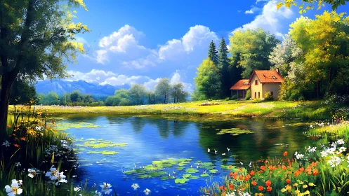 Lakeside cottage with wildflower meadow and distant mountains.