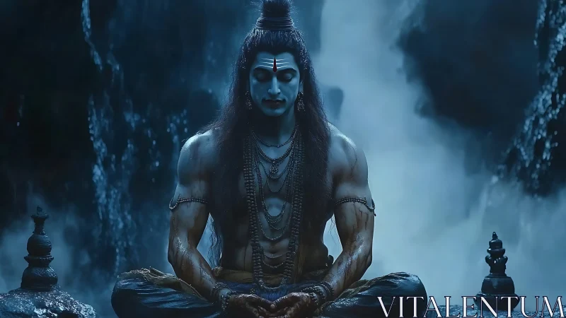 Moonlit ascetic thunder-god in deep waterfall meditation.