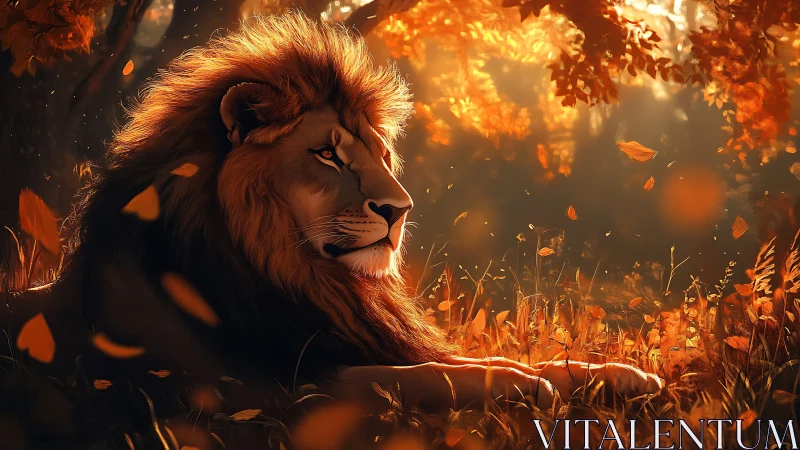 Male lion resting in orange backlit woodland setting.